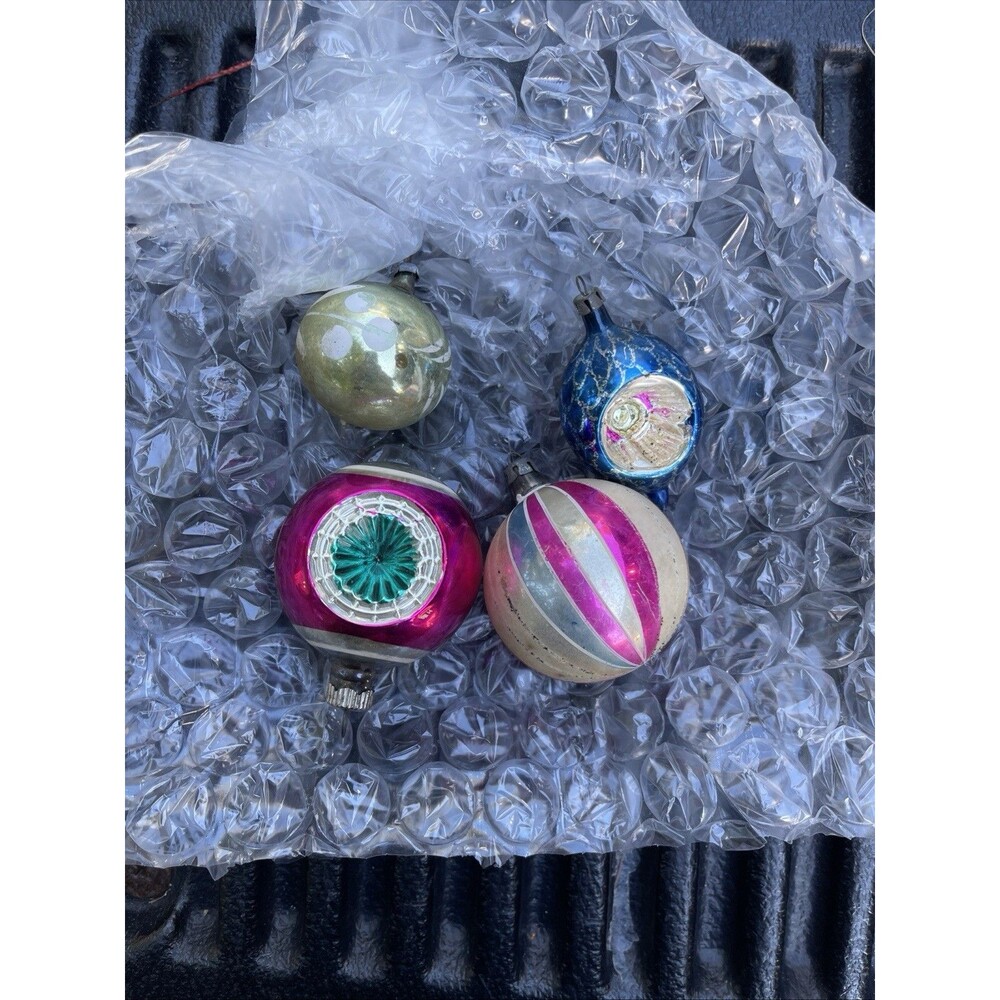 Antique Lot 4 Mercury Glass Christmas Ornaments Unbranded Indents Glitter Mica